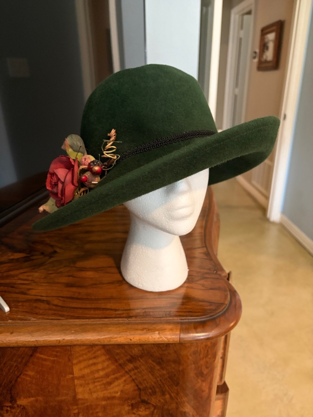 Forest Green Wide-Brim Felt Hat with Red Floral Accent
